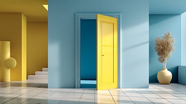 Abstract interior with yellow door open to blue space, minimalist design, sunlight, plants