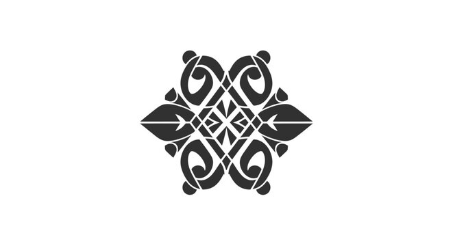 Intricate black and white symmetrical ornamental design with swirling patterns and shapes on a plain white background