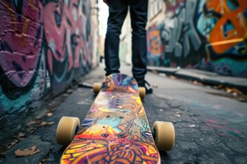 Obraz premium Close up of longboard in urban setting with skater ready to ride
