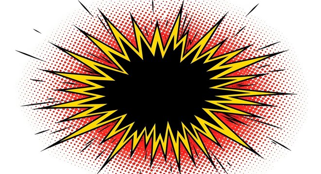 A vibrant comic book style explosion with yellow and red rays on a white background