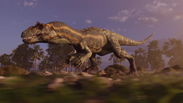 4K 10-second 3d animation of a powerful Allosaurus running through a prehistoric jungle. Realistic depiction of the predator's movement in its natural ancient habitat
