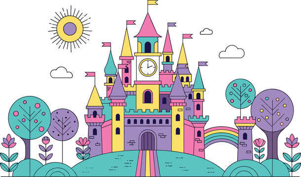 Colorful fantasy fairytale castle with rainbow path whimsical landscape cute cartoon style magical kingdom vector illustration