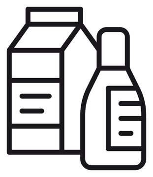 Black vector icon illustration of a milk carton and a bottle, representing dairy products, groceries, or food packaging. Minimalist line art symbol for retail, kitchen, or breakfast themes.