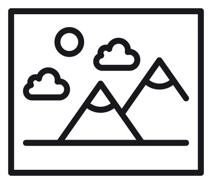 Black line art vector icon of a landscape photograph or picture, featuring mountains with snow caps, clouds, and a sun, all contained within a square frame, minimalist graphic symbol for UI.