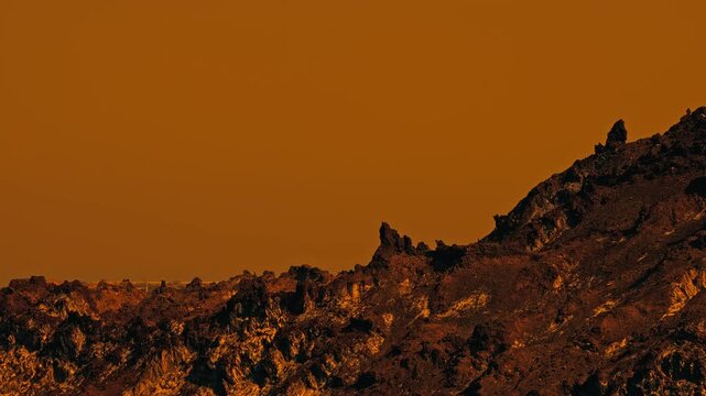 Martian landscape with rocky terrain and unique rock formations under an orange sky. Landscape of the red planet. Barren surface of a dry planet with desert ground and dramatic atmosphere, concept of