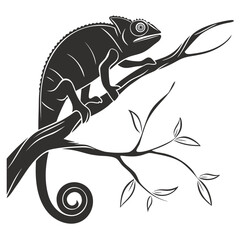 Black Chameleon on a Tree Branch leaves white background ©  AMINA 1122