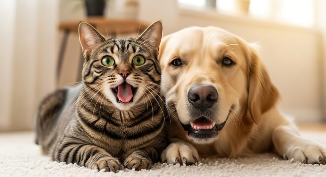 Dog and Cat Sitting Together, Playful Companionship in
