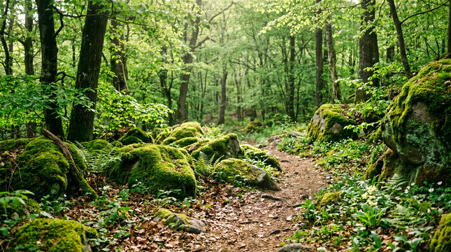 Bosque caducifolio con rocas cubiertas de musgo verde vibrante y hojas secas en el suelo. Atm&oacute;sfera m&aacute;gica, natural y serena durante la primavera.