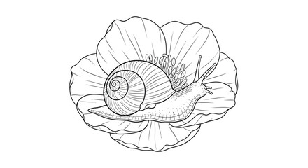 A detailed line drawing of a snail on a blooming poppy flower © LUNEX