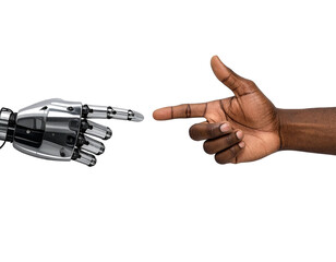 Fototapeta premium Robotic hand and human finger pointing towards each other.