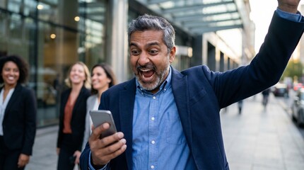 Fototapeta premium Middle-aged Latin or indian businessman screaming proud cheering with excitement man read great news on smartphone