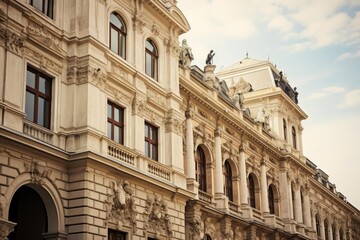 Fototapeta premium Ornate facade of a historic european building showcasing intricate architectural details and sculptures, reflecting grandeur and history