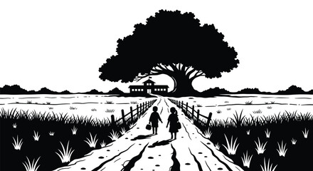 Fototapeta premium Two children walk down a country lane toward a distant house beneath a large tree