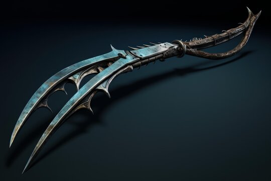 Gleaming fantasy glaive weapon with ornate details and curved blades, evoking themes of battle, mythology, and adventure