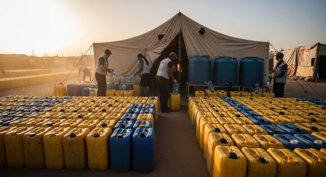 Sahara Desert Water Aid: Volunteers Distributing Jerrycans at Camp Site
