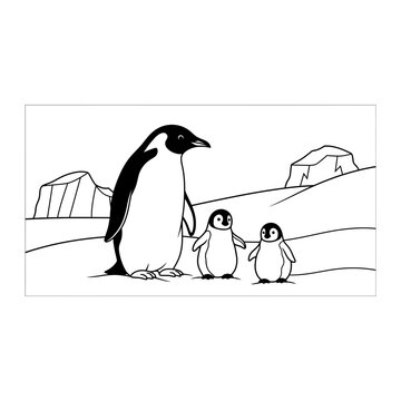 Penguin adult with two chicks on snowy landscape