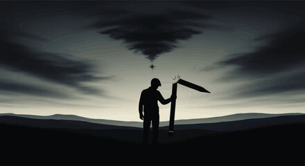 A solitary figure stands with a pointing stick under a dramatic swirling cloud formation © Times Graphic