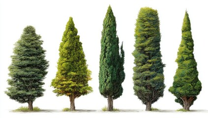 Fototapeta premium Rendered trees of various shapes and shades against a plain white background
