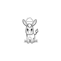 Fototapeta premium Front view of cute cartoon donkey outline with cloud icon for coloring