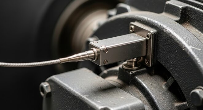 Close-up of metal sensor attached to industrial machine with flexible cable