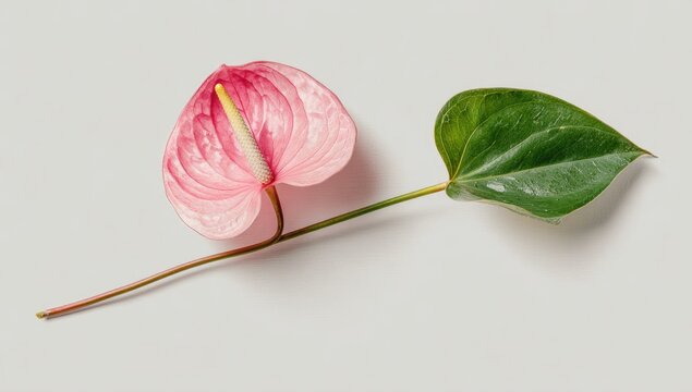 Pink spathe and yellow spadix flower, green leaf, on white. Diagonal composition, clean lines