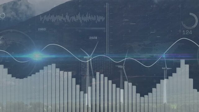 Three wind turbines rotating on mountain slope, responding to live energy data and driving HUD bars
