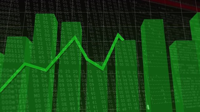 Camera tilting revealing green 3D bars, bright polyline tracing peaks, matrix scrolling for finance