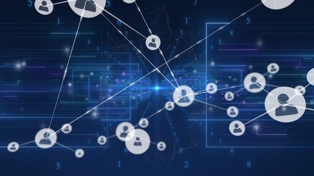 Avatar extending line to hub in cyberspace, spawning linked nodes forming data network showing flow