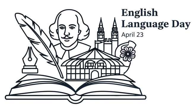 English language day illustration featuring shakespeare books and architectural landmarks