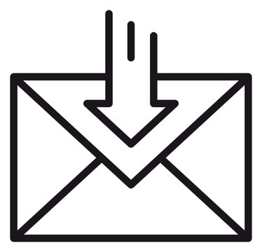 Incoming mail vector icon illustration featuring a black line art envelope with a downward pointing arrow, symbolizing an inbox, received message, digital communication, and email delivery.