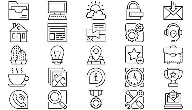 25 Minimalist Black Vector Icon Set Collection Bundle for Web and Mobile UI Design, featuring Technology, Business, Communication, Weather, Home, Security, Support, Tools, and Travel Symbols.