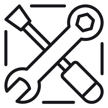 Crossed wrench and screwdriver vector icon illustration, minimalist black line art symbol for repair service, maintenance, construction, and DIY hardware tools isolated on white background.