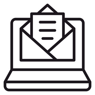 Black line art vector icon of a laptop computer with an open envelope and a document on the screen, representing digital communication, email notifications, and online messaging services.