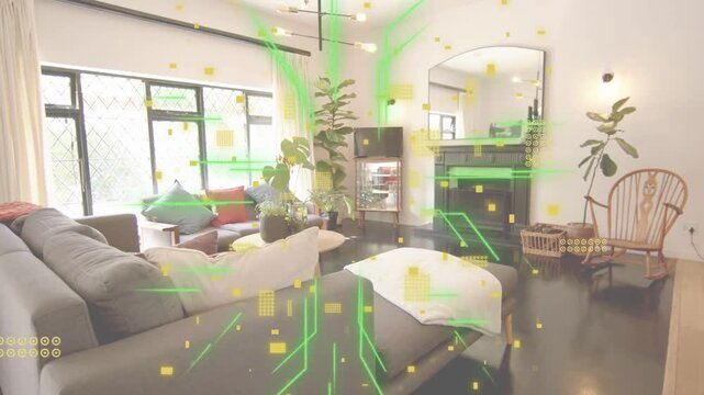 Sofa and ottoman anchoring frame, yellow dots sparking green grid sweeping over sofa, mapping tech