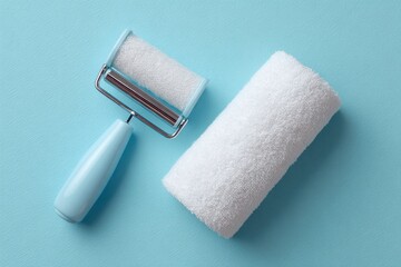 Obraz premium Paint roller with light blue handle and a spare white roller cover on a textured blue background, DIY home improvement tools.