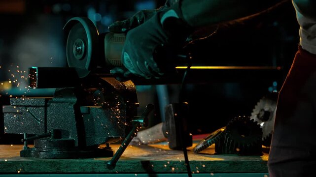 Super Slow Motion of Working Metal Cutter in Workshop. Detail shot, low depth of focus.. Filmed on High Speed Cinema Camera, 1000 fps.