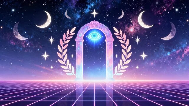 Mystical portal with eye and moonlit sky