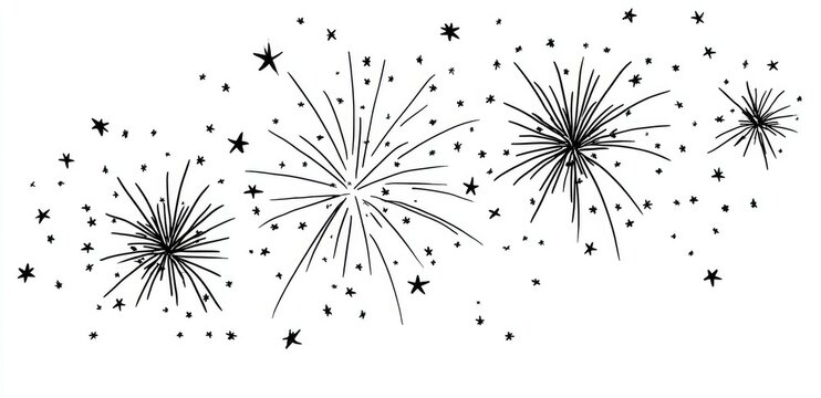 Linear illustration of fireworks and stars in a black and white style on a white backdrop