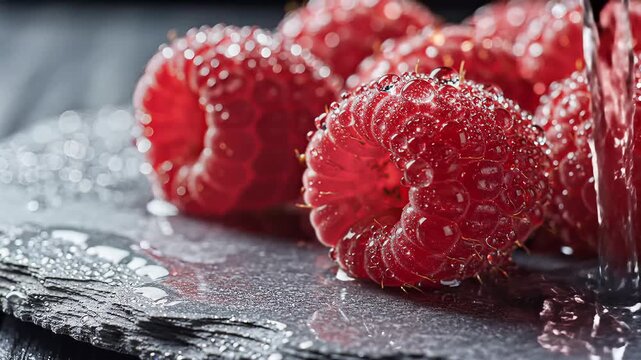 Fresh raspberries being washed with water on a black slate surface.