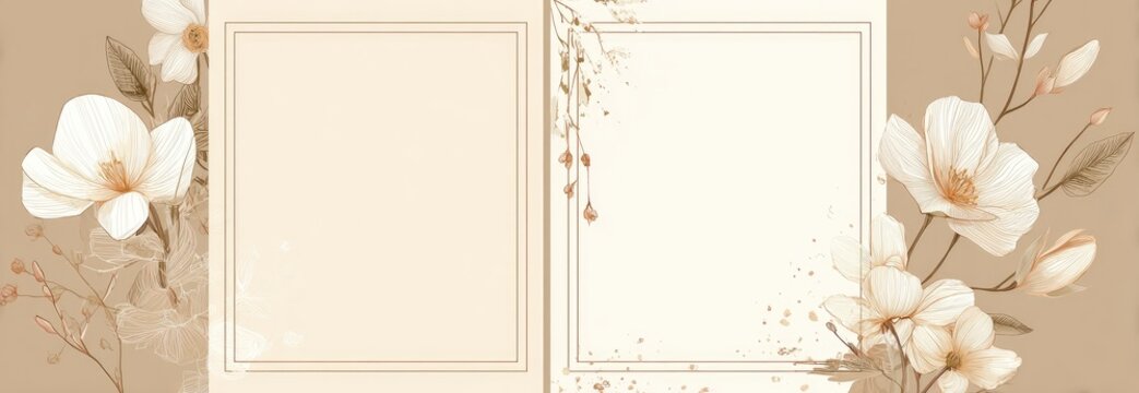 Two-page invitation with beige background, ornate floral accents, and blank bordered sections