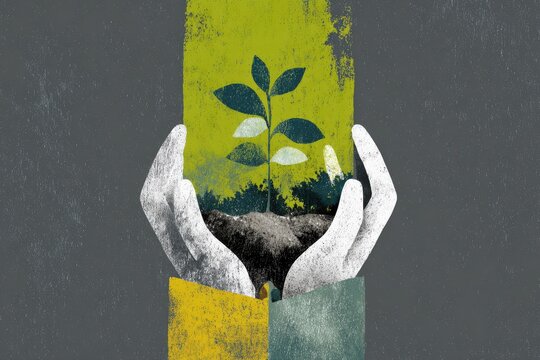 Abstract image of hands cradling a plant within a painted green and yellow rectangle