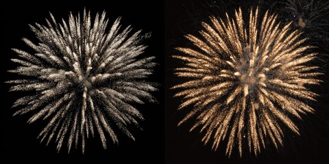Obraz premium Two split-screen images display fireworks bursting in different colors against a black backdrop