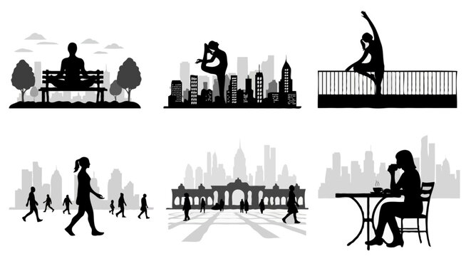 Silhouette of people exercising and participating in leisure activities &ndash; urban concept.