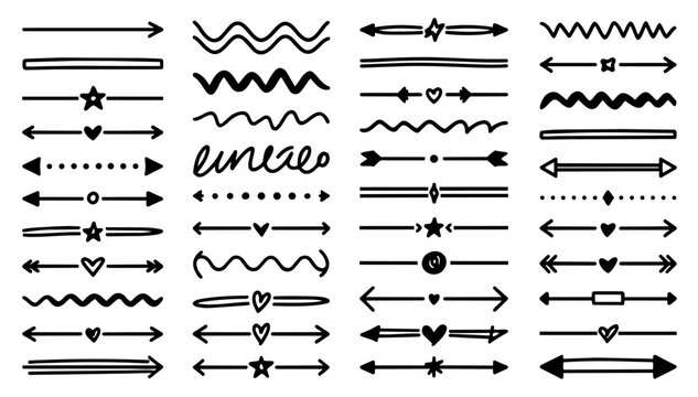 Hand-drawn Decorative Divider Lines and Border Elements Set; Vector Sketchy Flourishes for Page Breaks and Editorial Layouts; Monochrome Dotted Squiggle and Heart Underline Symbol Collection