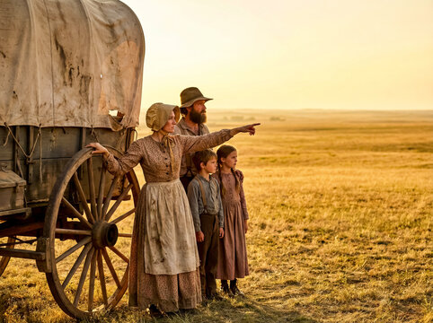Pioneer family stands by covered wagon looking out over vast grassy prairie.