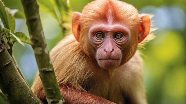 Close-up of a curious young macaque monkey perched on a leafy tree branch