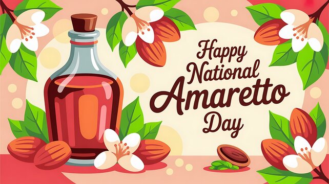 Happy national amaretto day graphic illustration with almond liqueur bottle and flowers amaretto beverage cocktail