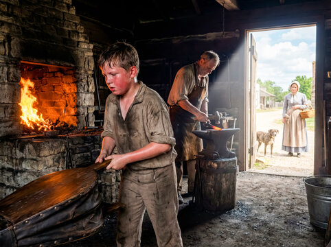 Young boy pumps large bellows in blacksmith shop while master smith works at anvil.