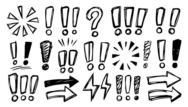 Hand drawn doodle vector set of emphasis marks for text highlights and annotations, playful sketchy ink pen symbols, bold outline accents, and attention elements for UI, notes, 