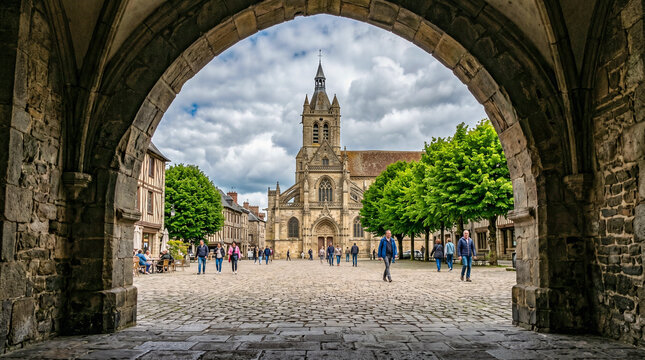Vista de una iglesia hist&oacute;rica enmarcada por un arco de piedra. La plaza empedrada y los &aacute;rboles verdes destacan bajo un cielo nublado, creando una atm&oacute;sfera de serenidad y patrimonio antiguo.